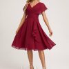 Semi-formal & Cocktail | A-line V-Neck Knee-Length Chiffon Cocktail Dress With Ruffle Burgundy – Womens