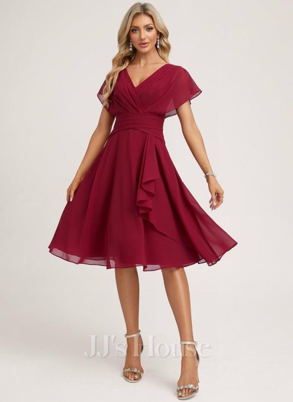 Semi-formal & Cocktail | A-line V-Neck Knee-Length Chiffon Cocktail Dress With Ruffle Burgundy – Womens