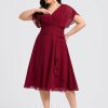 Semi-formal & Cocktail | A-line V-Neck Knee-Length Chiffon Cocktail Dress With Ruffle Burgundy – Womens