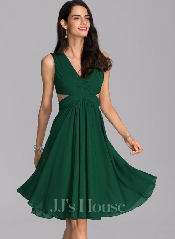 Semi-formal & Cocktail | A-line V-Neck Knee-Length Chiffon Cocktail Dress With Ruffle Dark Green – Womens