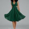 Semi-formal & Cocktail | A-line V-Neck Knee-Length Chiffon Cocktail Dress With Ruffle Dark Green – Womens