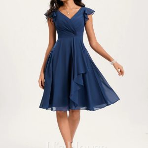 Semi-formal & Cocktail | A-line V-Neck Knee-Length Chiffon Cocktail Dress With Ruffle Navy Blue – Womens