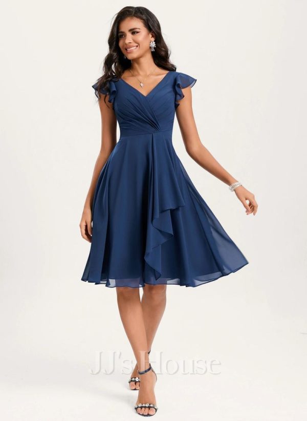 Semi-formal & Cocktail | A-line V-Neck Knee-Length Chiffon Cocktail Dress With Ruffle Navy Blue – Womens