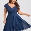 Semi-formal & Cocktail | A-line V-Neck Knee-Length Chiffon Cocktail Dress With Ruffle Navy Blue – Womens