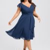 Semi-formal & Cocktail | A-line V-Neck Knee-Length Chiffon Cocktail Dress With Ruffle Navy Blue – Womens