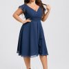 Semi-formal & Cocktail | A-line V-Neck Knee-Length Chiffon Cocktail Dress With Ruffle Navy Blue – Womens