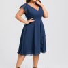 Semi-formal & Cocktail | A-line V-Neck Knee-Length Chiffon Cocktail Dress With Ruffle Navy Blue – Womens