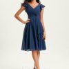 Semi-formal & Cocktail | A-line V-Neck Knee-Length Chiffon Cocktail Dress With Ruffle Navy Blue – Womens