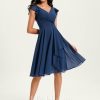 Semi-formal & Cocktail | A-line V-Neck Knee-Length Chiffon Cocktail Dress With Ruffle Navy Blue – Womens