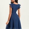 Semi-formal & Cocktail | A-line V-Neck Knee-Length Chiffon Cocktail Dress With Ruffle Navy Blue – Womens