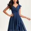 Semi-formal & Cocktail | A-line V-Neck Knee-Length Chiffon Cocktail Dress With Ruffle Navy Blue – Womens