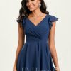 Semi-formal & Cocktail | A-line V-Neck Knee-Length Chiffon Cocktail Dress With Ruffle Navy Blue – Womens