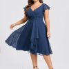 Semi-formal & Cocktail | A-line V-Neck Knee-Length Chiffon Cocktail Dress With Ruffle Navy Blue – Womens