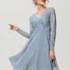 Semi-formal & Cocktail | A-line V-Neck Knee-Length Chiffon Lace Cocktail Dress Dusty Blue – Womens