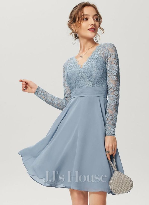 Semi-formal & Cocktail | A-line V-Neck Knee-Length Chiffon Lace Cocktail Dress Dusty Blue – Womens