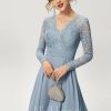 Semi-formal & Cocktail | A-line V-Neck Knee-Length Chiffon Lace Cocktail Dress Dusty Blue – Womens