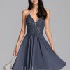 Semi-formal & Cocktail | A-line V-Neck Knee-Length Chiffon Lace Cocktail Dress With Beading Stormy – Womens