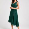 Semi-formal & Cocktail | A-line V-Neck Tea-Length Chiffon Cocktail Dress Dark Green – Womens