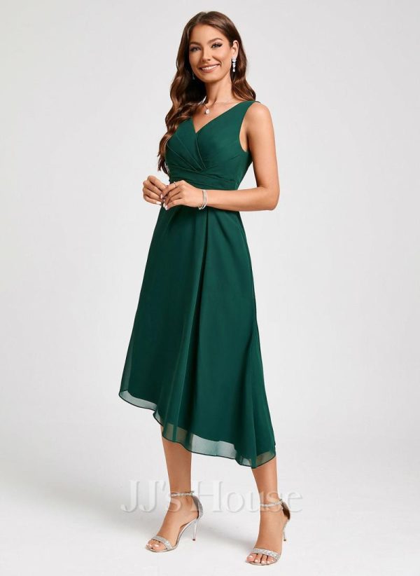 Semi-formal & Cocktail | A-line V-Neck Tea-Length Chiffon Cocktail Dress Dark Green – Womens