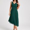 Semi-formal & Cocktail | A-line V-Neck Tea-Length Chiffon Cocktail Dress Dark Green – Womens