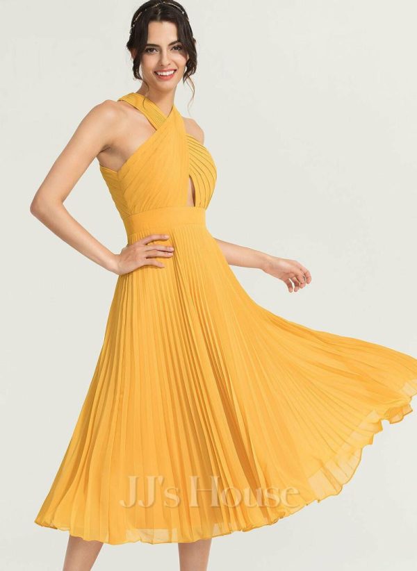 Semi-formal & Cocktail | A-line V-Neck Tea-Length Chiffon Cocktail Dress With Pleated As Picture – Womens