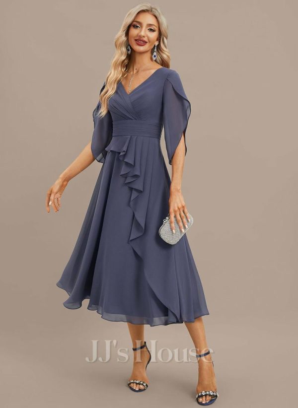 Semi-formal & Cocktail | A-line V-Neck Tea-Length Chiffon Cocktail Dress With Pleated Stormy – Womens