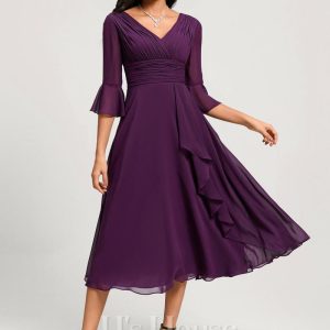 Semi-formal & Cocktail | A-line V-Neck Tea-Length Chiffon Cocktail Dress With Ruffle Grape – Womens