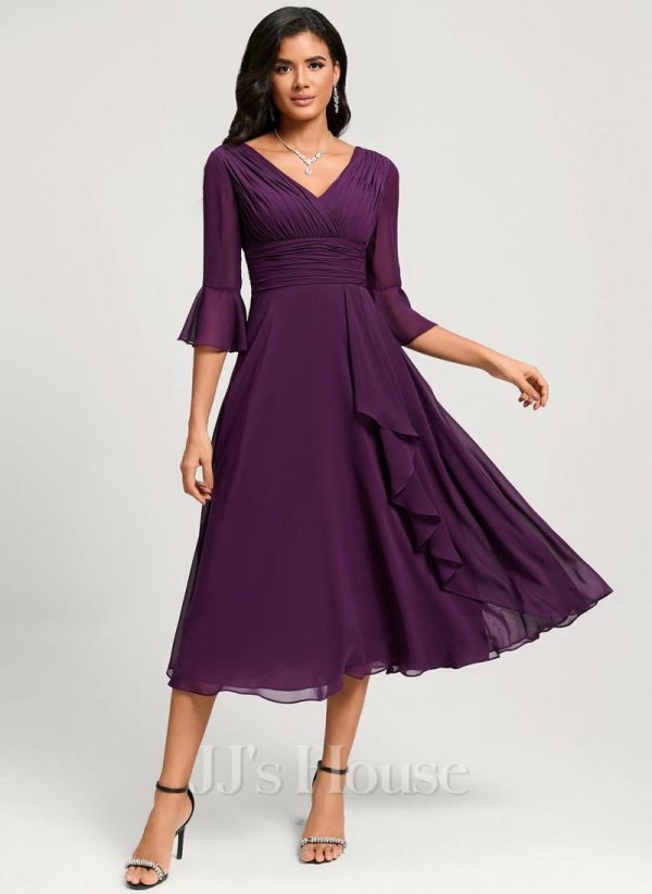 Semi-formal & Cocktail | A-line V-Neck Tea-Length Chiffon Cocktail Dress With Ruffle Grape – Womens