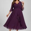 Semi-formal & Cocktail | A-line V-Neck Tea-Length Chiffon Cocktail Dress With Ruffle Grape – Womens