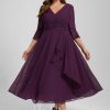 Semi-formal & Cocktail | A-line V-Neck Tea-Length Chiffon Cocktail Dress With Ruffle Grape – Womens