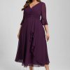 Semi-formal & Cocktail | A-line V-Neck Tea-Length Chiffon Cocktail Dress With Ruffle Grape – Womens