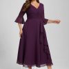 Semi-formal & Cocktail | A-line V-Neck Tea-Length Chiffon Cocktail Dress With Ruffle Grape – Womens