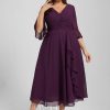 Semi-formal & Cocktail | A-line V-Neck Tea-Length Chiffon Cocktail Dress With Ruffle Grape – Womens