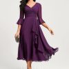 Semi-formal & Cocktail | A-line V-Neck Tea-Length Chiffon Cocktail Dress With Ruffle Grape – Womens