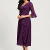 Semi-formal & Cocktail | A-line V-Neck Tea-Length Chiffon Cocktail Dress With Ruffle Grape – Womens