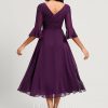 Semi-formal & Cocktail | A-line V-Neck Tea-Length Chiffon Cocktail Dress With Ruffle Grape – Womens