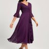 Semi-formal & Cocktail | A-line V-Neck Tea-Length Chiffon Cocktail Dress With Ruffle Grape – Womens