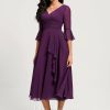 Semi-formal & Cocktail | A-line V-Neck Tea-Length Chiffon Cocktail Dress With Ruffle Grape – Womens