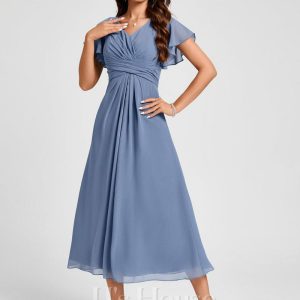 Semi-formal & Cocktail | A-line V-Neck Tea-Length Chiffon Cocktail Dress With Ruffle Slate Blue – Womens