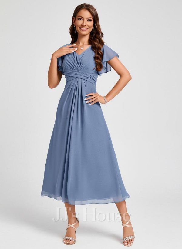 Semi-formal & Cocktail | A-line V-Neck Tea-Length Chiffon Cocktail Dress With Ruffle Slate Blue – Womens