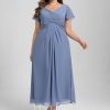 Semi-formal & Cocktail | A-line V-Neck Tea-Length Chiffon Cocktail Dress With Ruffle Slate Blue – Womens