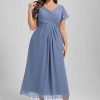 Semi-formal & Cocktail | A-line V-Neck Tea-Length Chiffon Cocktail Dress With Ruffle Slate Blue – Womens