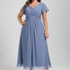 Semi-formal & Cocktail | A-line V-Neck Tea-Length Chiffon Cocktail Dress With Ruffle Slate Blue – Womens