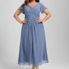 Semi-formal & Cocktail | A-line V-Neck Tea-Length Chiffon Cocktail Dress With Ruffle Slate Blue – Womens