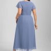 Semi-formal & Cocktail | A-line V-Neck Tea-Length Chiffon Cocktail Dress With Ruffle Slate Blue – Womens