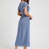 Semi-formal & Cocktail | A-line V-Neck Tea-Length Chiffon Cocktail Dress With Ruffle Slate Blue – Womens