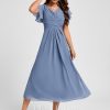 Semi-formal & Cocktail | A-line V-Neck Tea-Length Chiffon Cocktail Dress With Ruffle Slate Blue – Womens