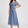 Semi-formal & Cocktail | A-line V-Neck Tea-Length Chiffon Cocktail Dress With Ruffle Slate Blue – Womens