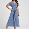 Semi-formal & Cocktail | A-line V-Neck Tea-Length Chiffon Cocktail Dress With Ruffle Slate Blue – Womens