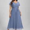 Semi-formal & Cocktail | A-line V-Neck Tea-Length Chiffon Cocktail Dress With Ruffle Slate Blue – Womens